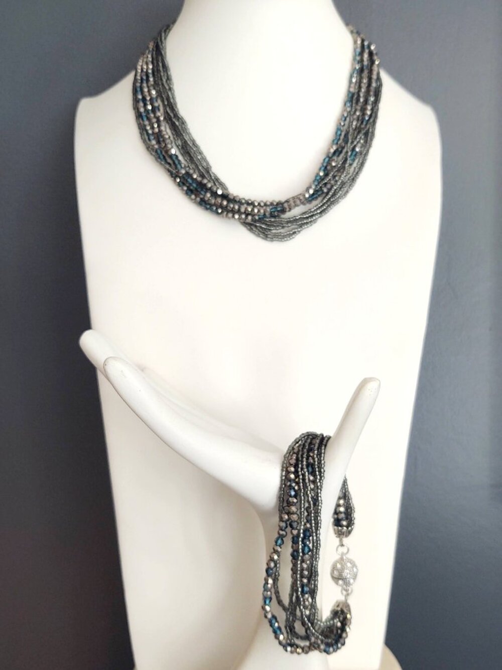 Multi strand teal, silver and gray beaded convertible necklace and bracelet set